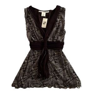 Max Studio Blouse Womens M Brown & Cream‎ Empire Waist Ruffle Scarf Neckline NWT